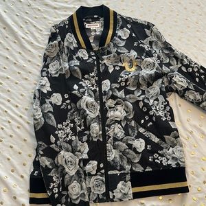 Girls floral true religion shirt-jacket with black and gold accents, size medium
